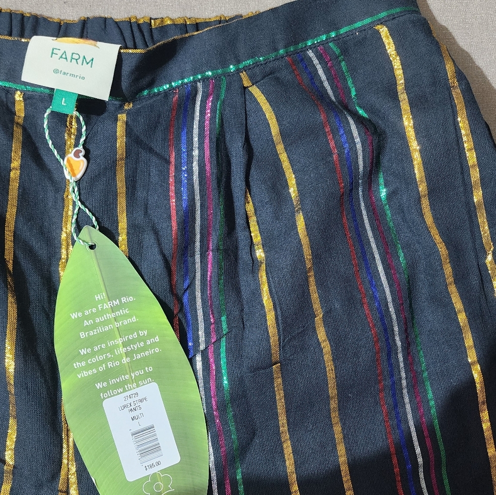 FARM Rio Metallic Stripe Co Ord Set Wide Leg Pants Shirt Resort NWT L - Picture 9 of 12